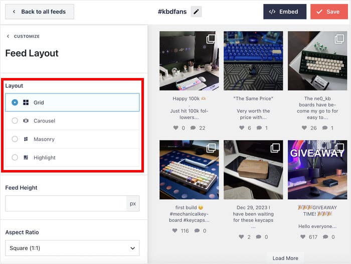 select a layout for your instagram hashtag feed - Smash Balloon Elige un diseño para tu galería de hashtags de Instagram