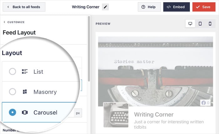 pick carousel layout for facebook feed