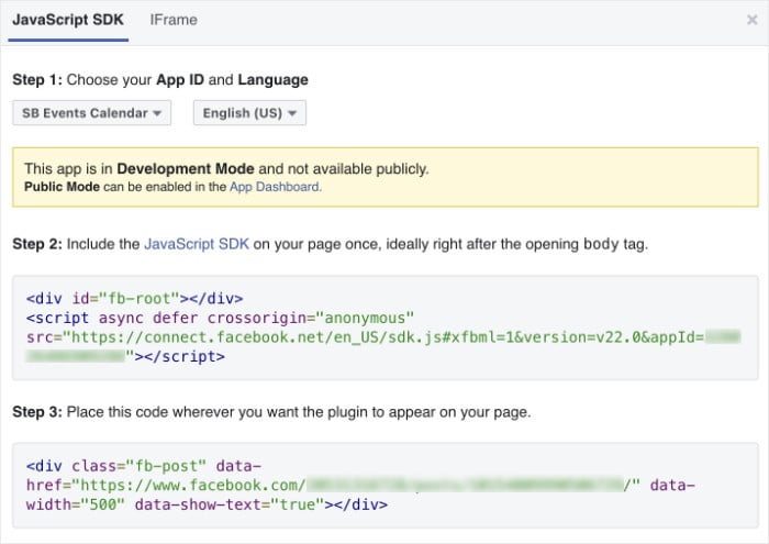 example of manually embedding facebook content