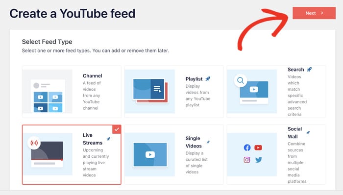 selecionar o tipo de feed do youtube livestream