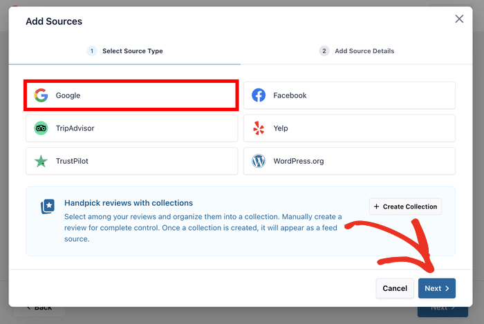 sélectionnez google comme source