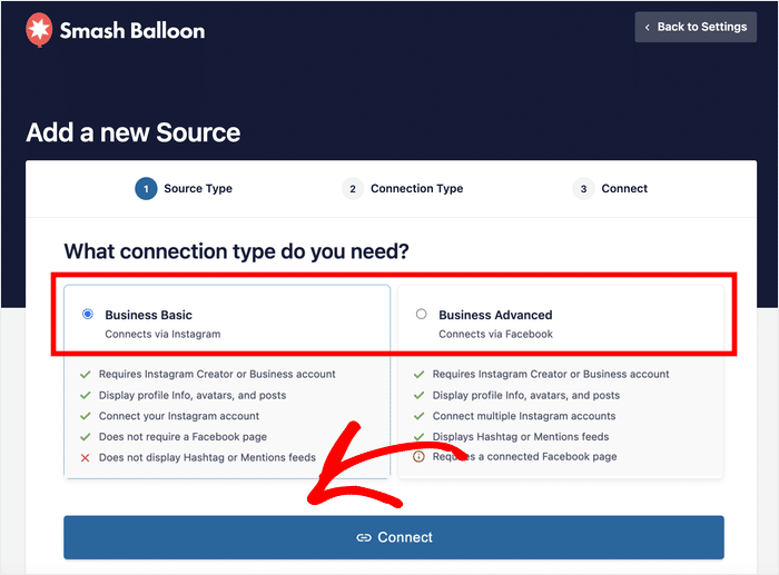 choose instagram connection type