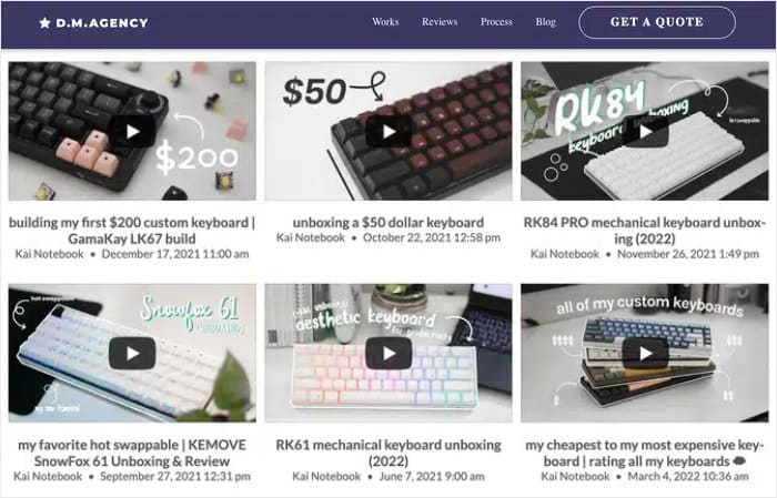 exemplo de feed do youtube no construtor de oxigénio