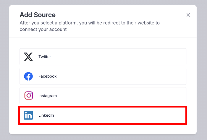 select linkedin on the popup showing the social media platforms