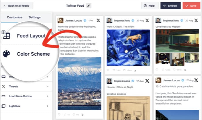 twitterリストフィードの配色オプションを開く