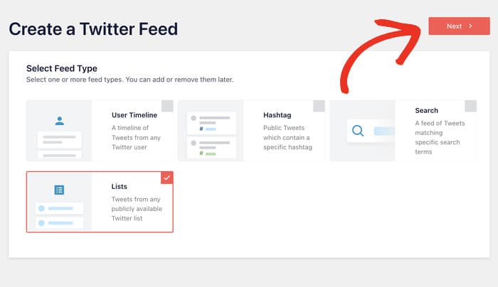 twitterフィードのリストフィードタイプを選択する