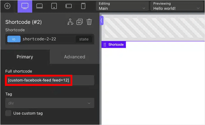 inserta tu shortcode de facebook feed en oxygen builder