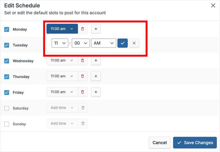 edit each time slot for a social media post