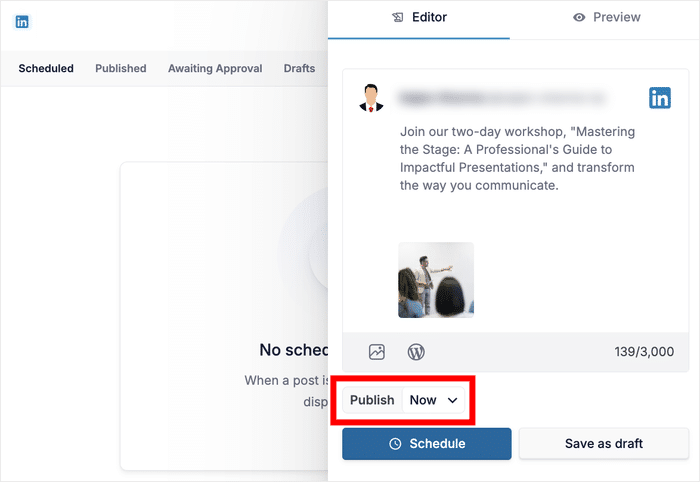 set the posting time for your linkedin post