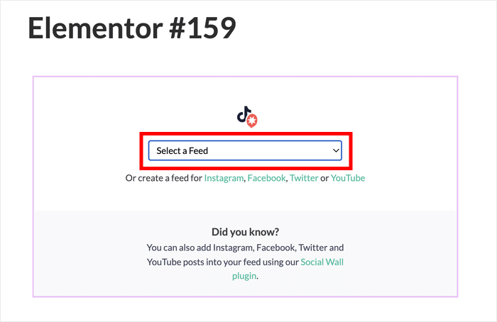 select a tiktok feed dropdown menu in elementor - Smash Balloon select a tiktok feed dropdown menu in elementor