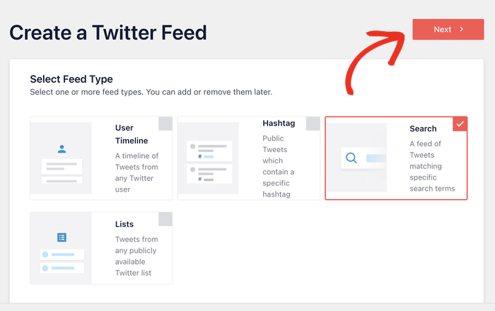 seleccione buscar feed de twitter en las opciones