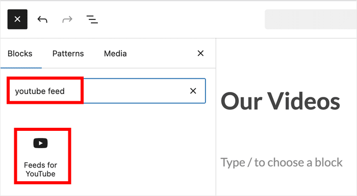 añadir bloque de feed de youtube a una página en wordpress