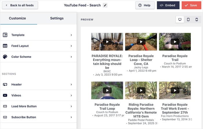 editor de feeds en directo para tu incrustación de búsqueda en youtube