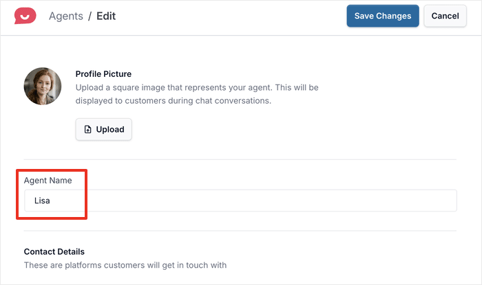 configurar o nome do seu agente de chat em direto