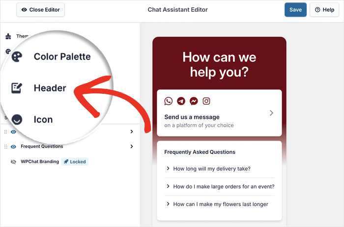 start editing live chat header in wordpress