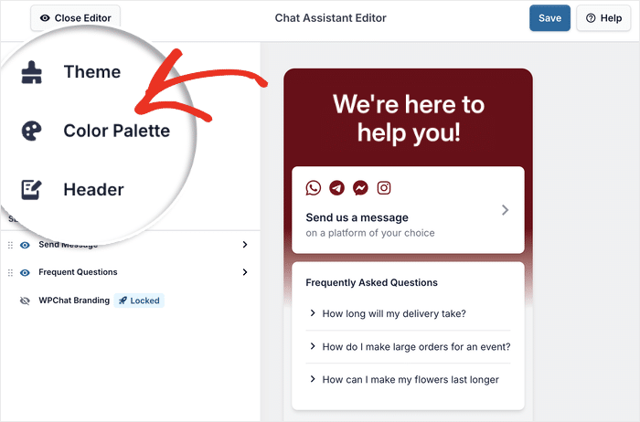 start changing color palette on whatsapp chat