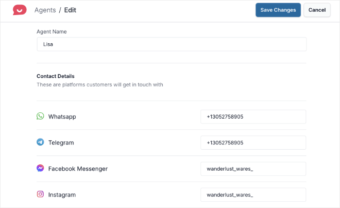 enter contact details for each agent in wpchat