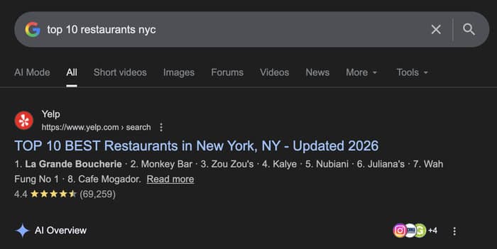 example of yelp listing ranking high