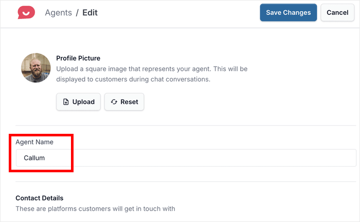 add a name for your social media chat agent