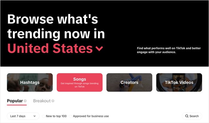 Trending Sounds-Seite auf TikTok