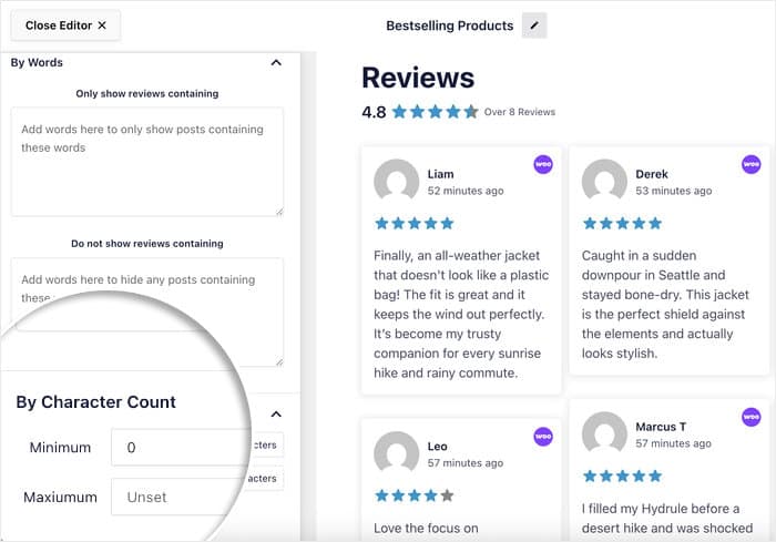 Configuración predeterminada para los filtros del feed de reseñas