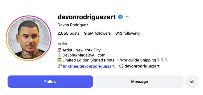 Ejemplo de perfil de Instagram con un enlace en la biografía.