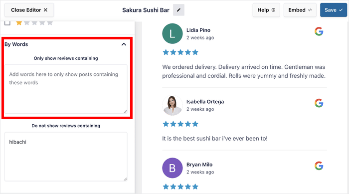 filter reviews by words option