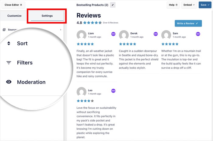 filtres et option de modération pour le flux d'avis WooCommerce