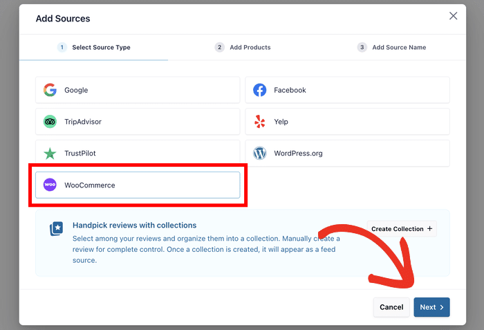 seleziona WooCommerce come fonte per il feed delle recensioni