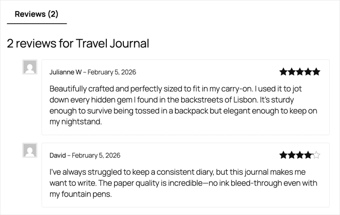 Esempio di recensioni WooCommerce in un layout predefinito