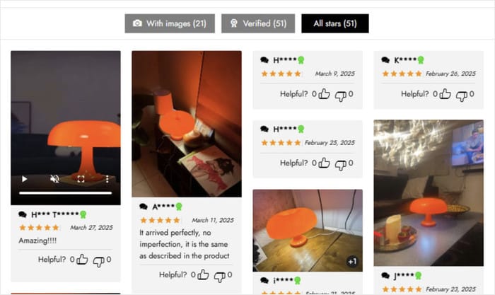 example of a photo reviews feed for woocommerce