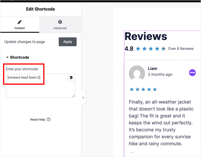 paste woocommerce reviews feed shortcode