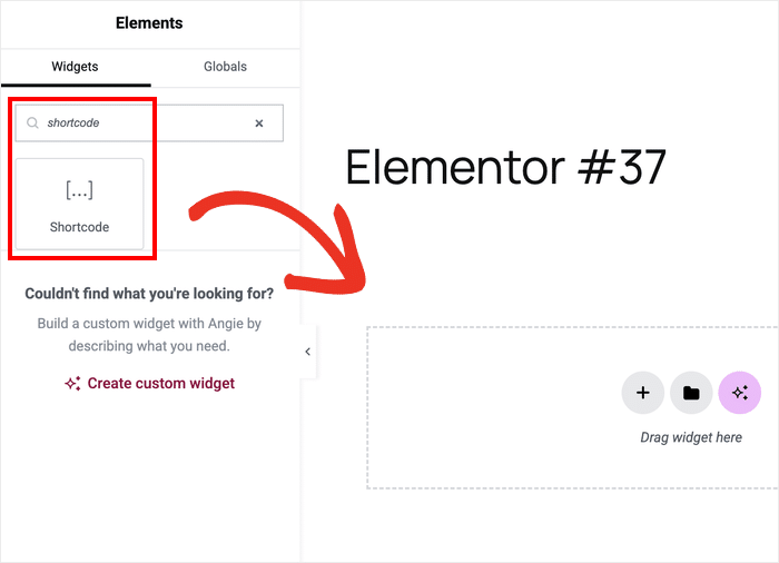 drag shortcode widget to the elementor editor example