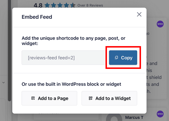 copy shortcode for your woocommerce reviews feed