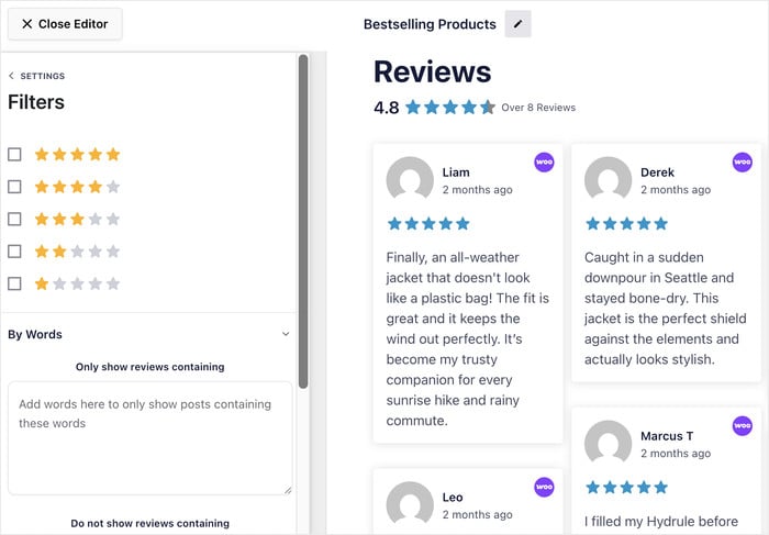 filters for your woocommerce reviews feed