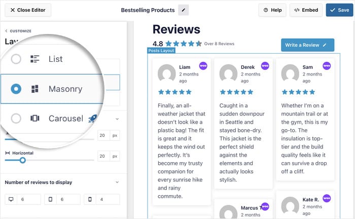 available layout options for woocommerce reviews feed