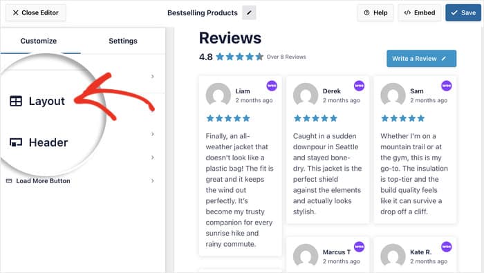 edit layout for woocommerce review feed