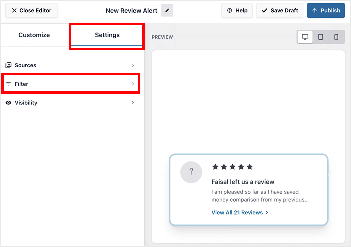 Option „Filter öffnen“ für das Popup-Fenster mit Überprüfungsbenachrichtigungen