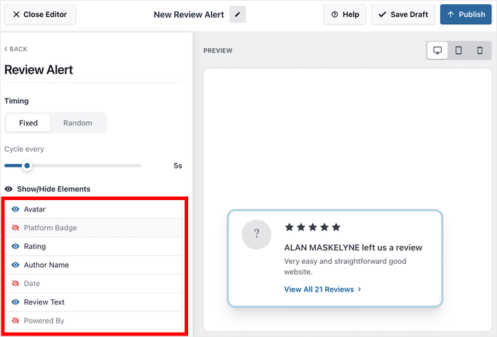 Bewertungselemente im Popup anzeigen oder ausblenden