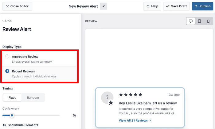 Wählen Sie zwischen Gesamtbewertungen oder aktuellen Bewertungen