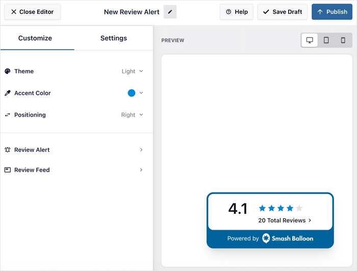 Live-Konfigurator für Benachrichtigungen zu Bewertungen