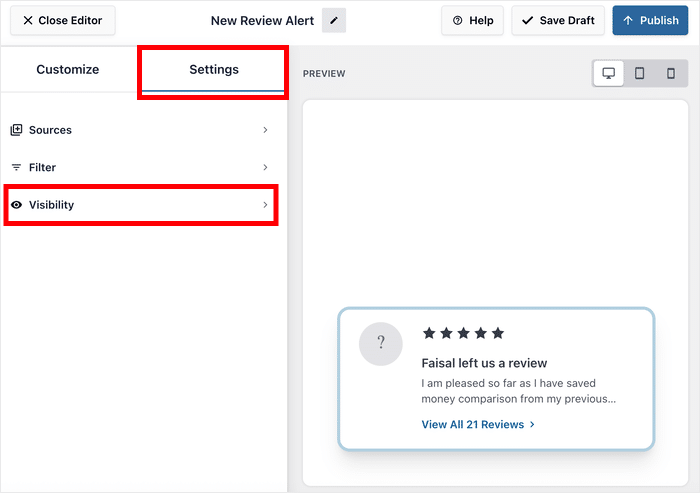 Die Sichtbarkeit der Bewertungs-Popups ändern