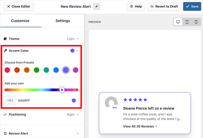 Farbvoreinstellung für das Überprüfungs-Popup auswählen