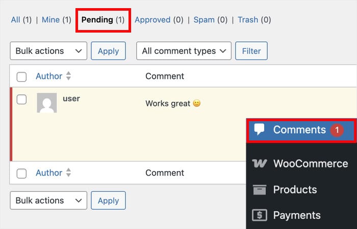 Commentaires en attente pour WooCommerce WordPress