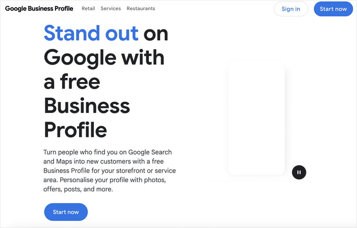 Página inicial do Perfil de Empresa do Google