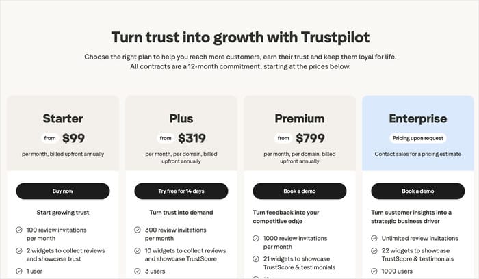 trustpilot pricing page