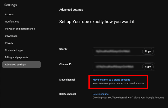 trasferire il canale all'account del marchio su YouTube