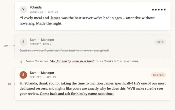 how to reply when employee name mentioned in review