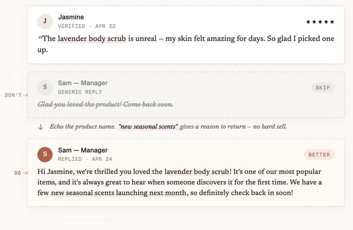 good and bad response what a review mentions a specific product