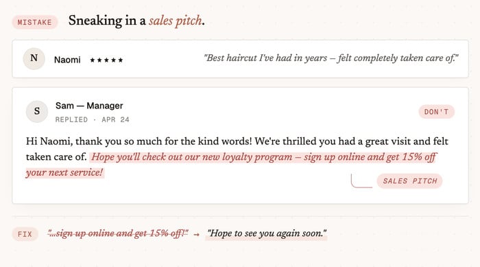 example of sneaking a sales pitch into a review